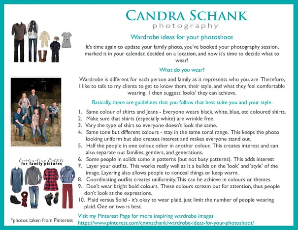 Wardrobe guide for Portraits by Candra Schank Photography in Owen Sound